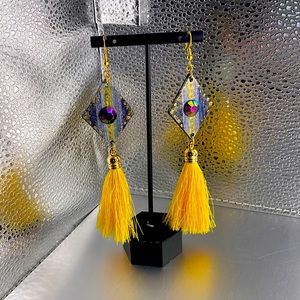 Artist handmade Shoulder duster, purple and gold earrings lightweight.